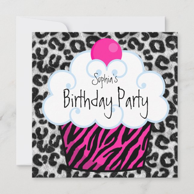 Invitation Hot rose Zebra Girls Cupcake fête d'anniversaire (Devant)