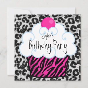 Invitation Hot rose Zebra Girls Cupcake fête d'anniversaire