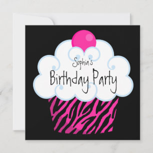 Invitation Hot rose Zebra Girls Cupcake fête d'anniversaire