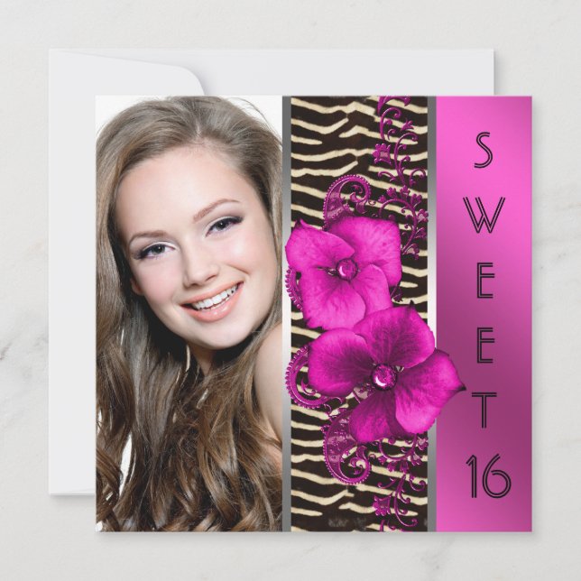 Invitation Hot rose Zebra Photo Sweet 16 fête d'anniversaire (Devant)