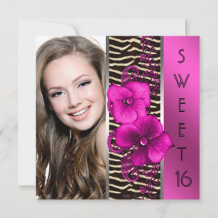 Invitation Hot rose Zebra Photo Sweet 16 fête d'anniversaire