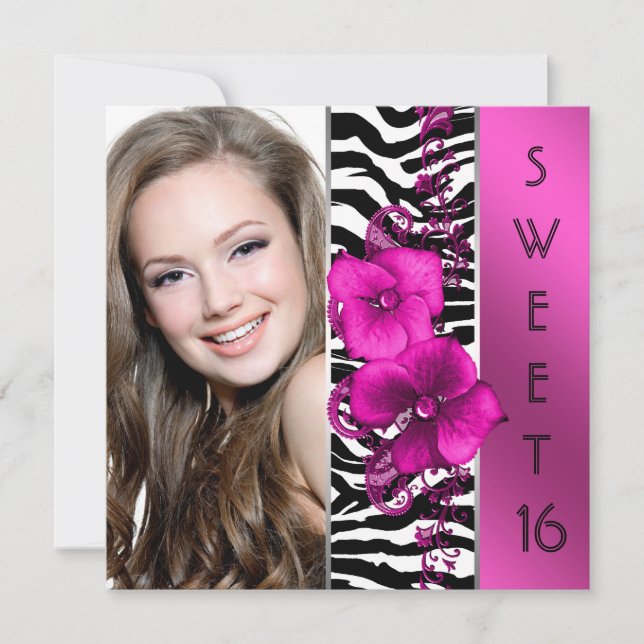 Invitation Hot rose Zebra Photo Sweet 16 fête d'anniversaire (Devant)