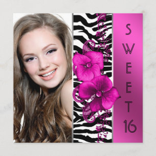 Invitation Hot rose Zebra Photo Sweet 16 fête d'anniversaire