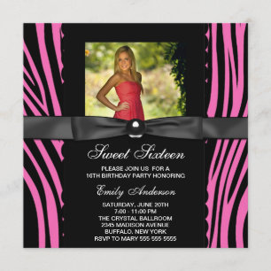 Invitation Hot rose Zebra Photo Sweet 16 Party