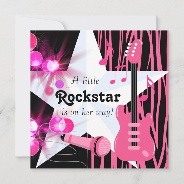 Invitation Hot rose Zebra Rockstar Baby Girl Douche (Devant)