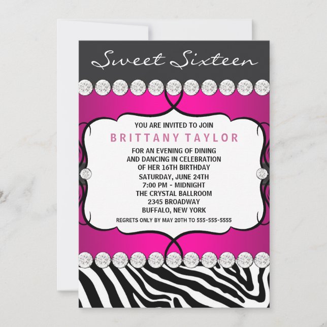 Invitation Hot rose Zebra Sweet sixteen fête d'anniversaire (Devant)