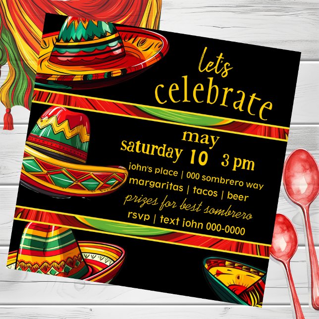 Invitation Hot Sombrero | Rouge jaune vert | Thème Fiesta (Bold colors for cinco de mayo birthday party celebrations for him and her customizable invite. )