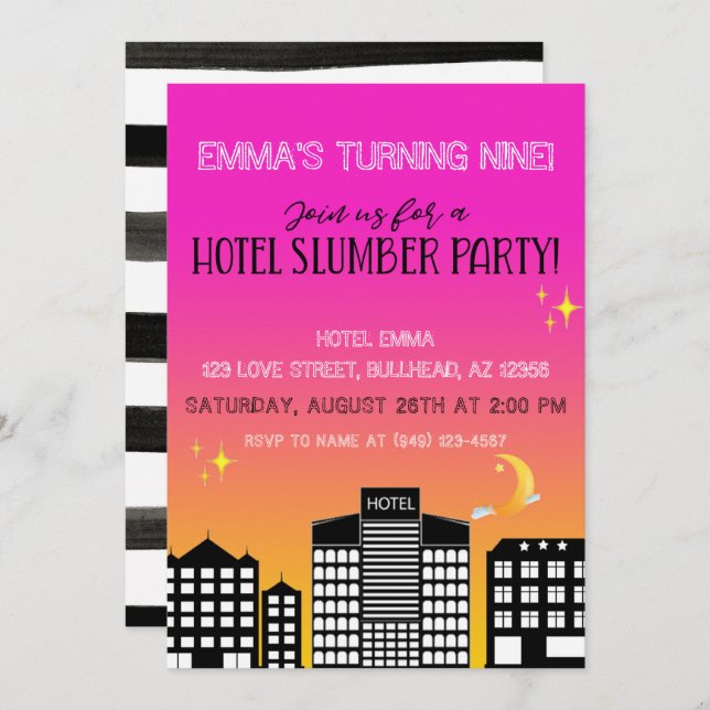 Invitation Hotel skyline fille slumber party pink ombre (Devant / Derrière)