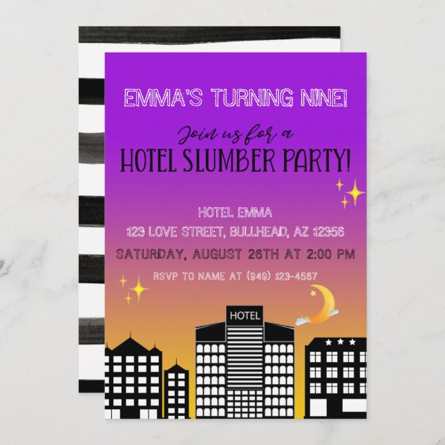 Invitation Hotel skyline girl slumber party violet ombre (Devant / Derrière)
