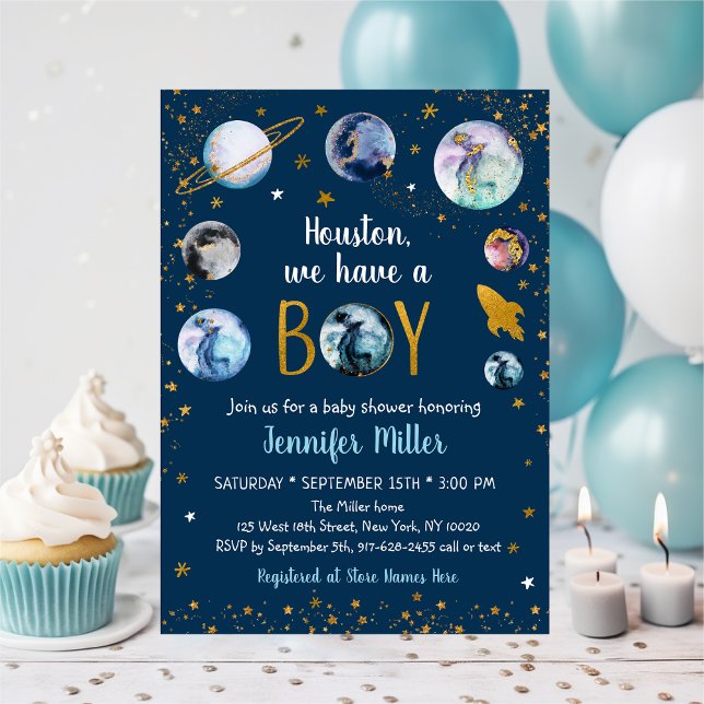 Invitation Houston Nous Avons Un Baby shower Boy Blue Gold Ga (Créateur téléchargé)