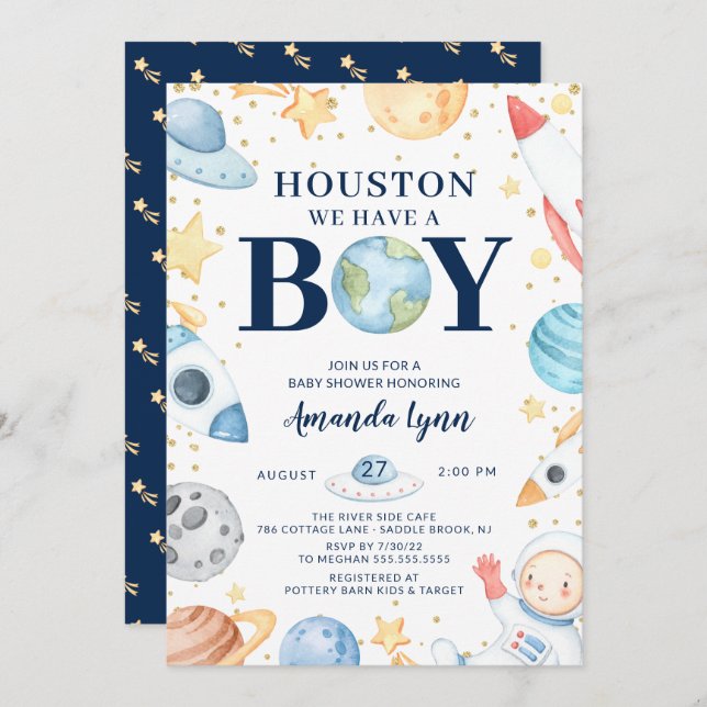 Invitation Houston Nous Avons Un Garçon Baby shower De L'Espa (Devant / Derrière)