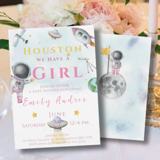 Invitation Houston Nous Avons Une Fille baby shower Astronaut (Créateur téléchargé)