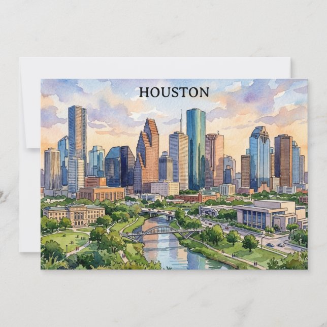 Invitation Houston Texas Artwork Aquarelle Rétro (Devant)