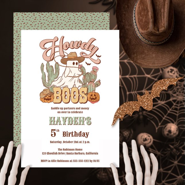 Invitation Howdy Boos Ghost Halloween fête d'anniversaire ("Howdy Boos" Halloween western-themed gender-neutral birthday party design)