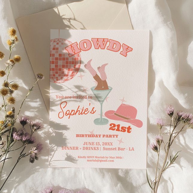 Invitation Howdy Martini 21e Anniversaire (Howdy Martini 21st Birthday Cowgirl Invitation)