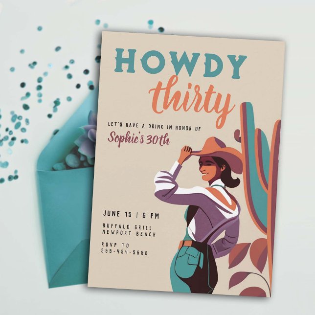 Invitation Howdy Thirty Retro Country Western 30e anniversair (30 birthday invitation for women retro country western desert cactus southwestern howdy thirty)