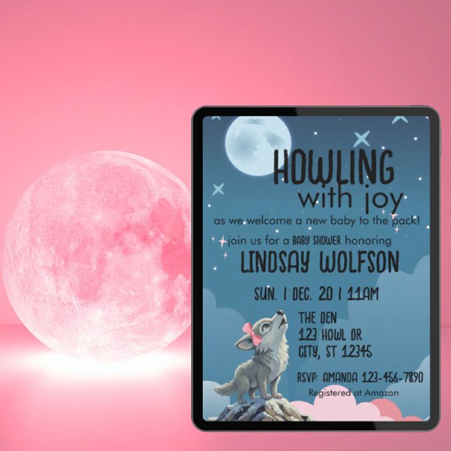 Invitation Howling with Joy, Wolf Pink Baby Shower (Créateur téléchargé)