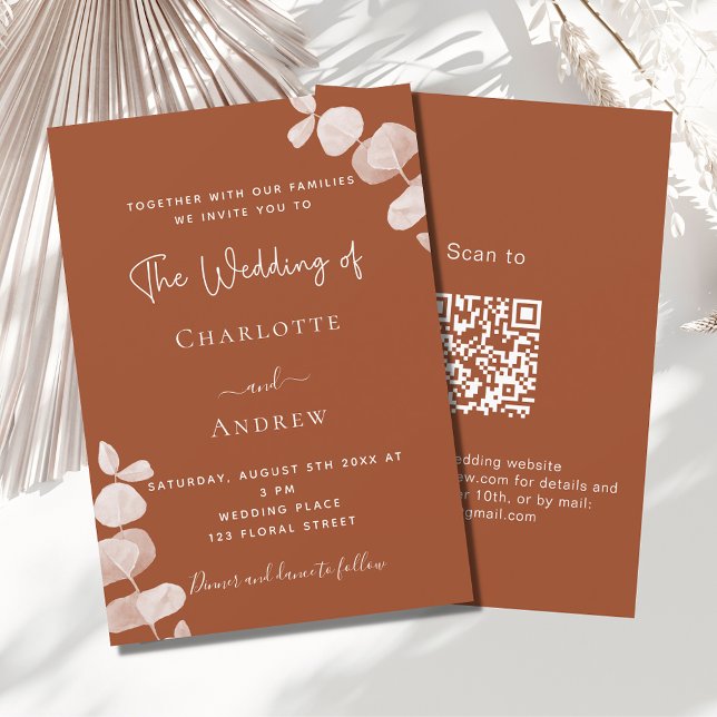 Invitation Hucalyptus orange brûlé QR code mariage de luxe (Créateur téléchargé)