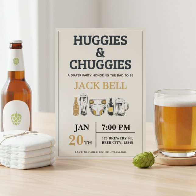 Invitation Huggies et Chuggies (Huggies and chuggies invite on table with beers and diapers)