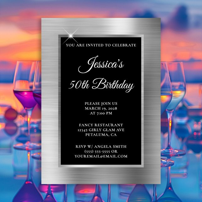 Invitation Huile d'argent et superposition noire 50e annivers (Silver Foil and Black Overlay 50th Birthday Invitation)