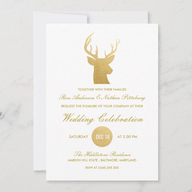 Invitation Huile d'or de Reinder Antler Faux| Mariage d'hiver (Devant)