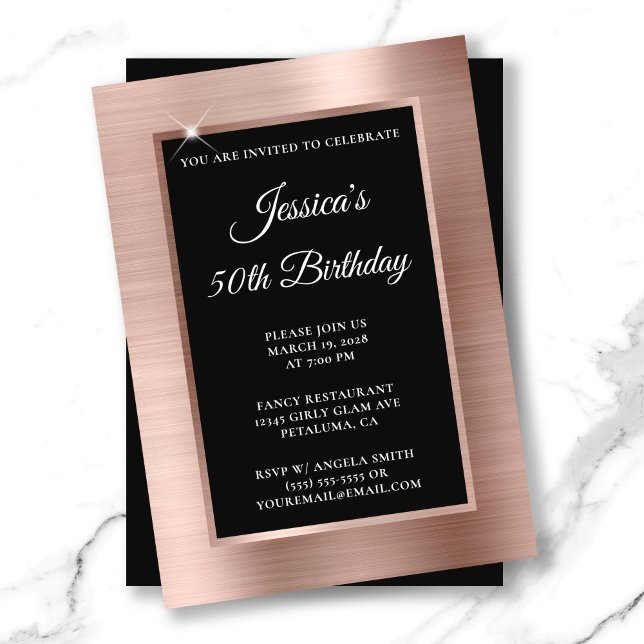 Invitation Huile d'or rose et revêtement noir 50e anniversair (Rose Gold Foil and Black Overlay 50th Birthday Invitation)