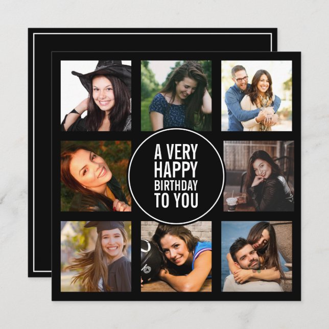 Invitation Huit photos d'anniversaire Collage noir et blanc I (Devant / Derrière)