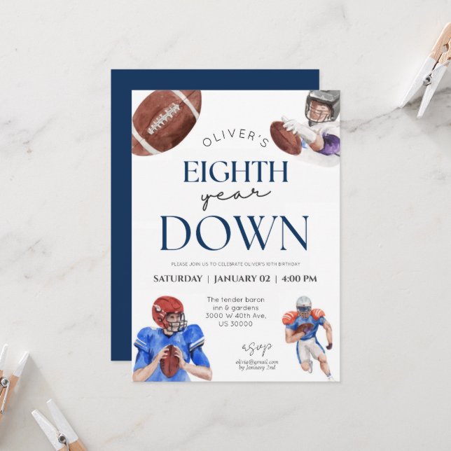 Invitation Huitième année en bas football thème garçon 8e ann (Devant/Arrière en situation)