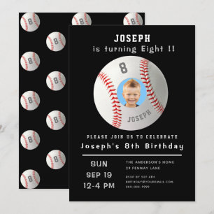 Invitation Huitième anniversaire Black Custom Photo Baseball