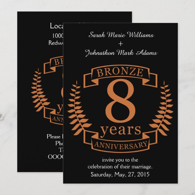 Invitation Huitième anniversaire de mariage Bronze 8 ans (Devant / Derrière)