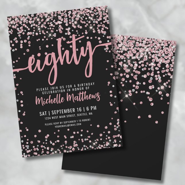 Invitation Huitième Rose noir Parties scintillant or 80e anni (Eighty Black Rose Gold Pink Glitter 80th Birthday Invitation)