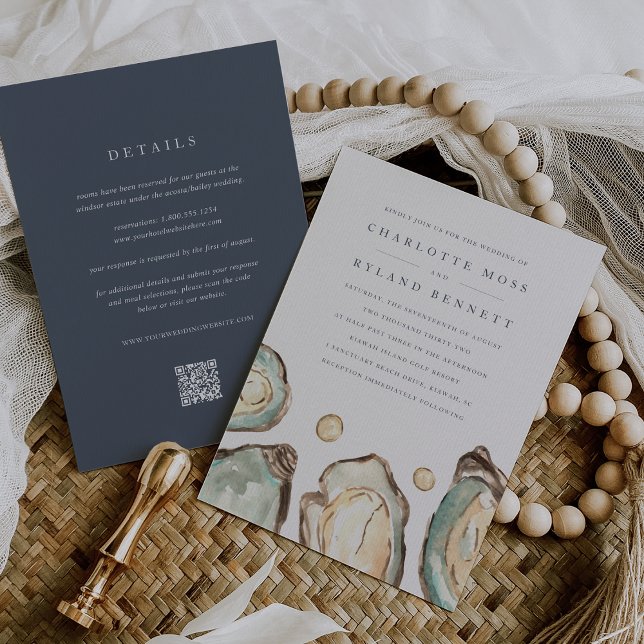 Invitation Huître côtière tout en un Mariage de code QR (Double sided coastal wedding invitation)