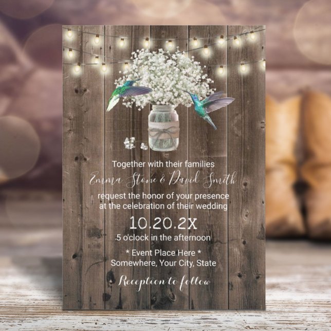 Invitation Hummingbird & Baby's Breath Flowers Mariage rustiq (Créateur téléchargé)