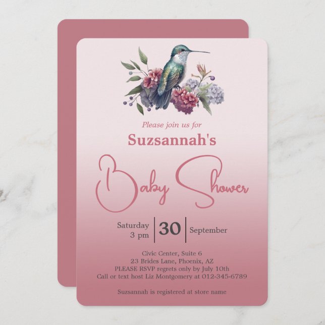 Invitation Hummingbird & Flowers Burgundy Ombre Baby Shower (Devant / Derrière)
