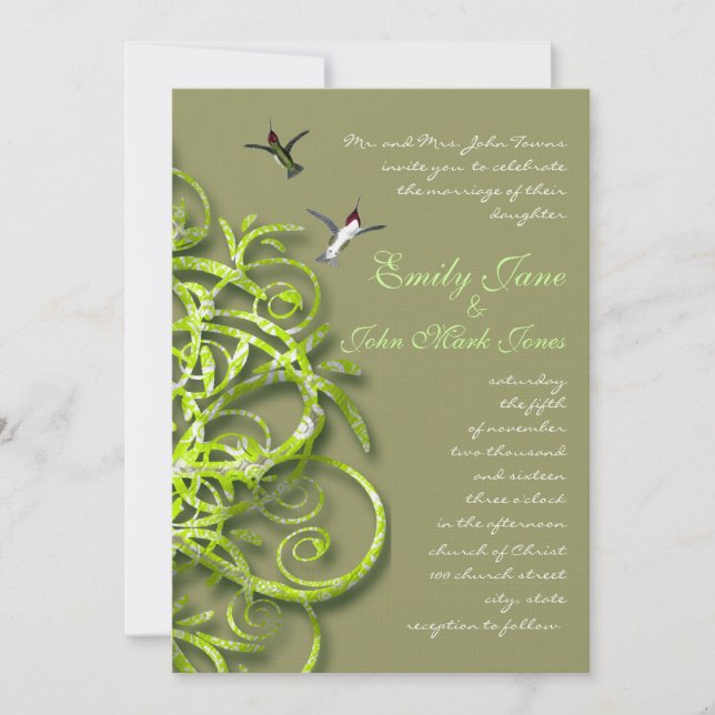 Invitation Hummingbird Whimsical Inséparables Green Tree (Devant)