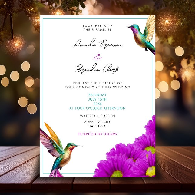 Invitation Hummingbirds colorés Purple Daisies Mariage (Créateur téléchargé)