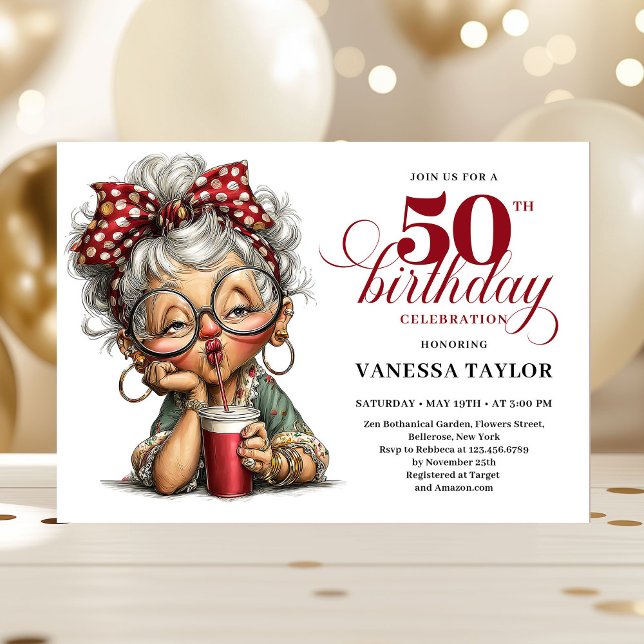 Invitation humoristique de 50e anniversaire de dam (Cute Funny Lady 50th Birthday Cartoon Humor Invite)