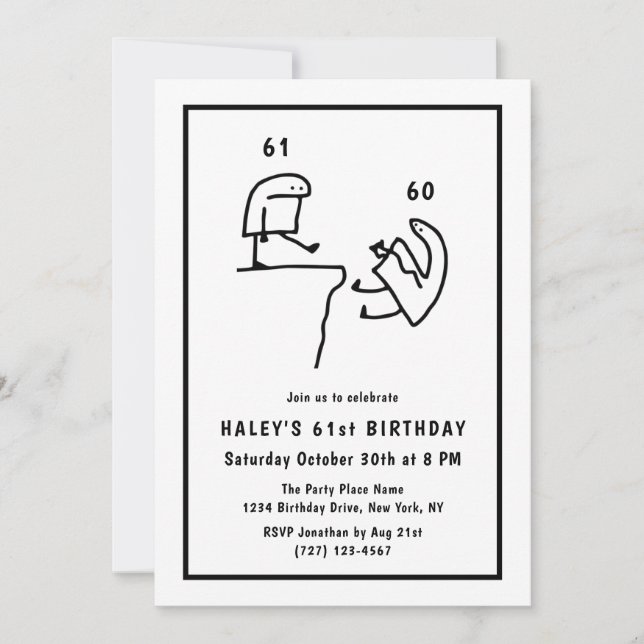 Invitation Humour de mème drôle Simple Noir Blanc 61e Anniver (Devant)