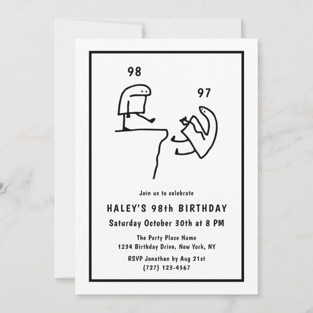 Invitation Humour de Mème Drôle Simple Noir Blanc 98e Anniver (Devant)