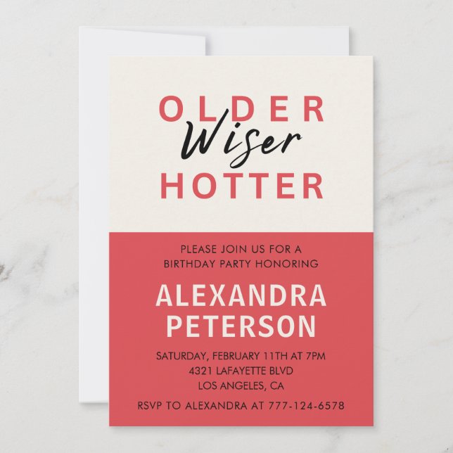Invitation Humour Rouge 87e anniversaire Plus sage Plus chaud (Devant)