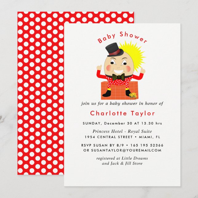 Invitation Humpty Dumpty Nursery Rhyme Baby shower mignon (Devant / Derrière)
