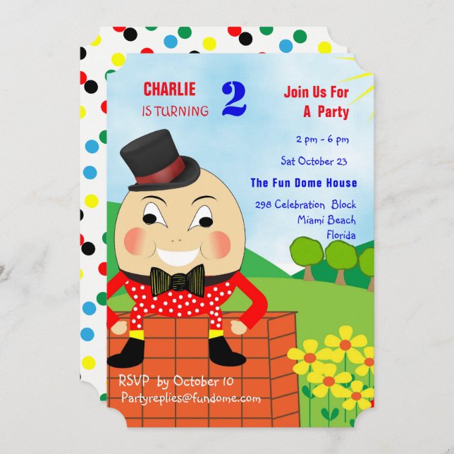 Invitation Humpty Dumpty Theme Anniversaire de enfant Party m (Devant / Derrière)