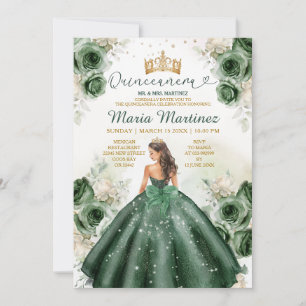 Invitation Hunter Green Floral Princess Gold Quiñceanera