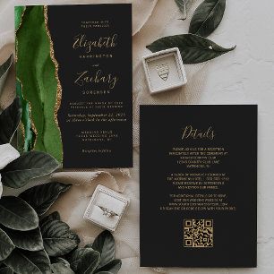 Invitation Hunter Green Gold Agate Dark QR Code Mariage