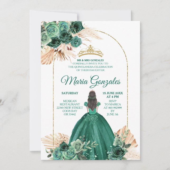 Invitation Hunter Green Pampas Grass Mexicaine fille Quinceañ (Devant)
