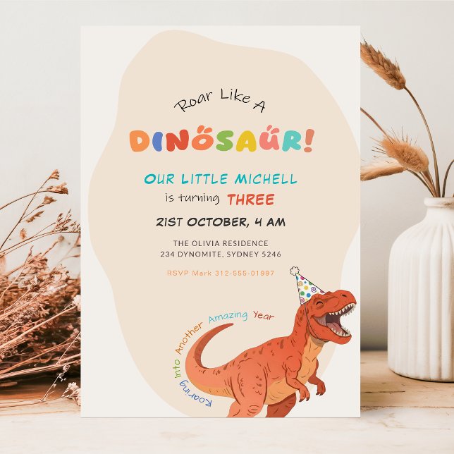 Invitation Hurle comme un dinosaure Aquarelle Trex 3e anniver (Créateur téléchargé)