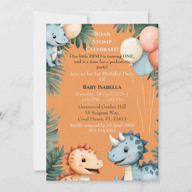 Invitation Hurlement Coup Orange Petit Dino Fête Premier Anni (Devant)