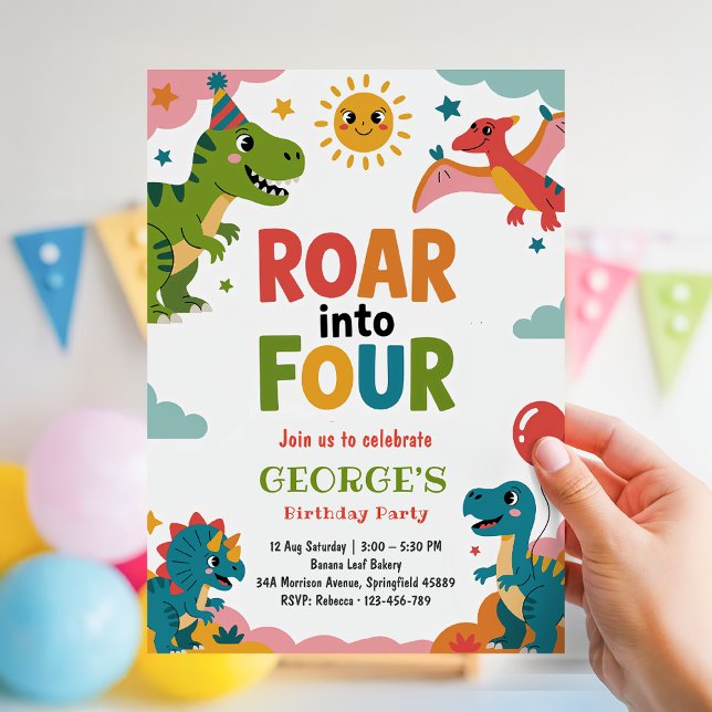 Invitation Hurlement dans quatre ans anniversaire de dinosaur (Créateur téléchargé)