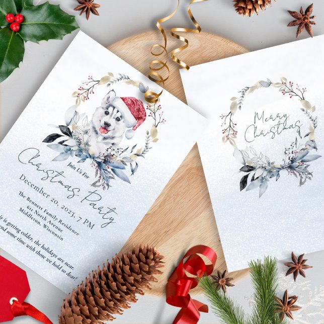 Invitation Husky à l'aquarelle Fête de Noël personnalisée (Créateur téléchargé)