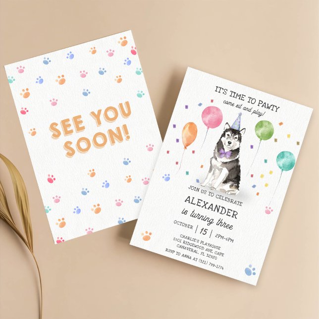 Invitation Husky Sibir Chien Pawty Chiot rose Anniversaire (Créateur téléchargé)